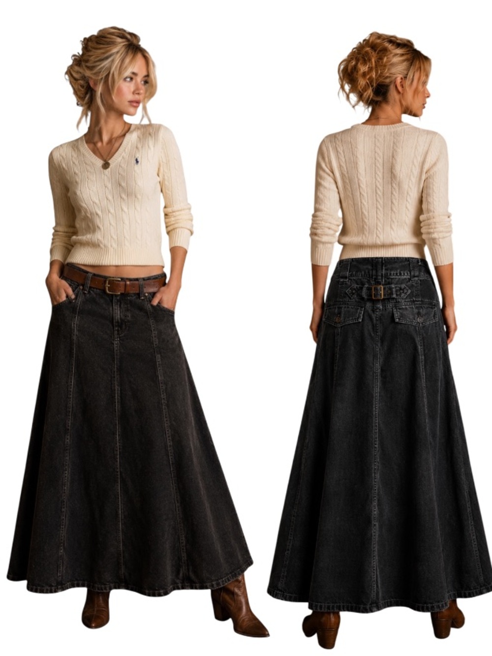 Y2K CAbi Olive Fine Wale Corduroy Maxi Skirt Low Rise Buckle Back Western Grunge